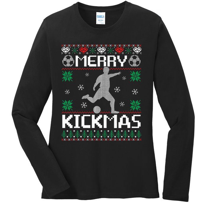 Merry Kickmas Soccer Player Sports Ugly Christmas Sweater Ladies Long Sleeve Shirt