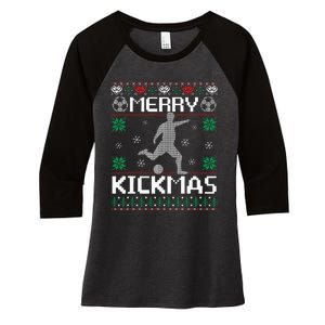 Merry Kickmas Soccer Player Sports Ugly Christmas Sweater Women's Tri-Blend 3/4-Sleeve Raglan Shirt