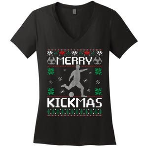 Merry Kickmas Soccer Player Sports Ugly Christmas Sweater Women's V-Neck T-Shirt