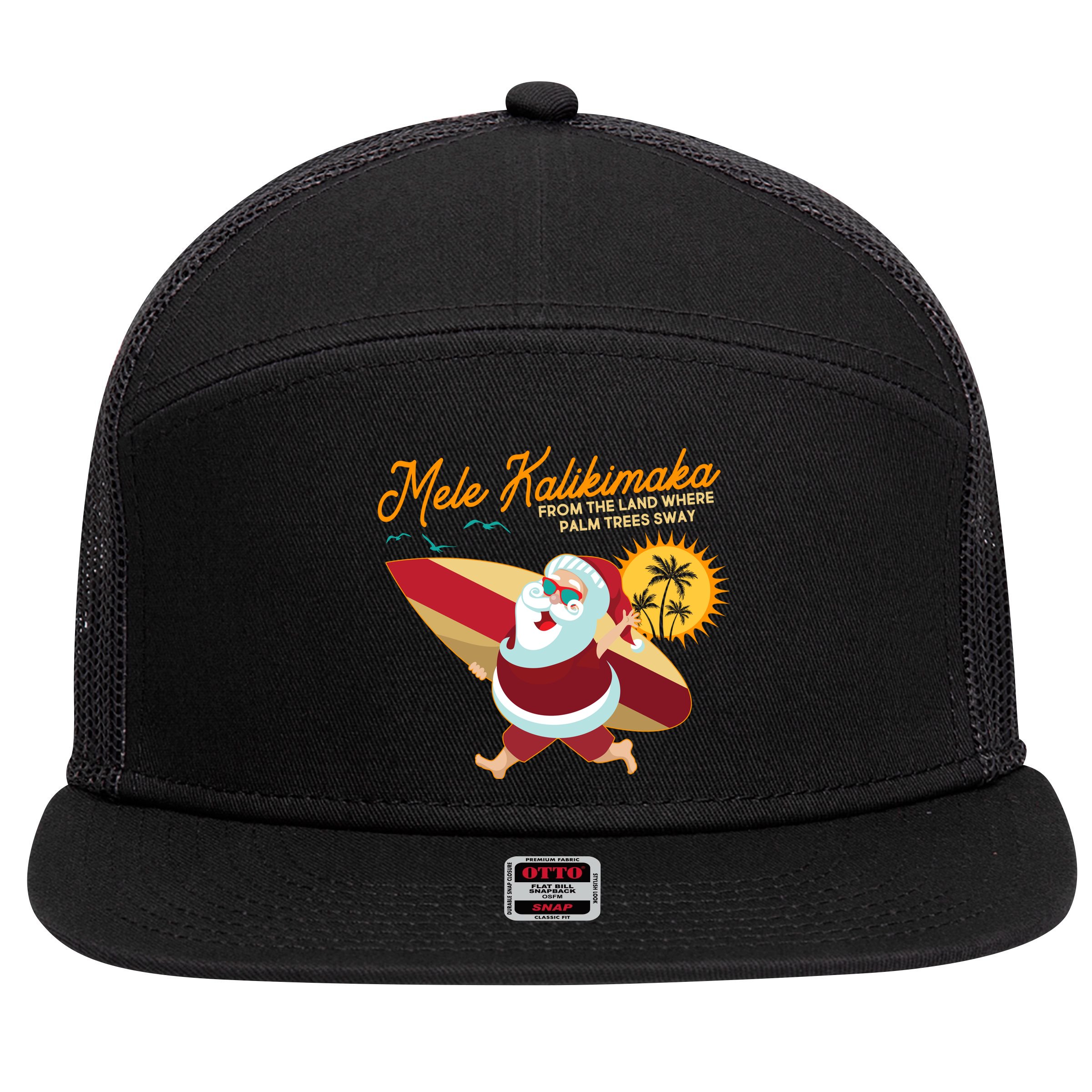 Mele Kalikimaka Surfer Santa Claus 7 Panel Mesh Trucker Snapback Hat