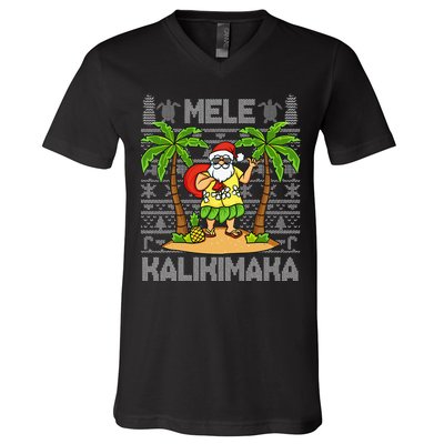 Mele Kalikimaka Santa Claus Hawaiian Christmas In July V-Neck T-Shirt