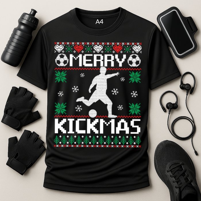 Merry Kickmas Soccer Player Sports Ugly Christmas Sweater Cooling Performance Crew T-Shirt