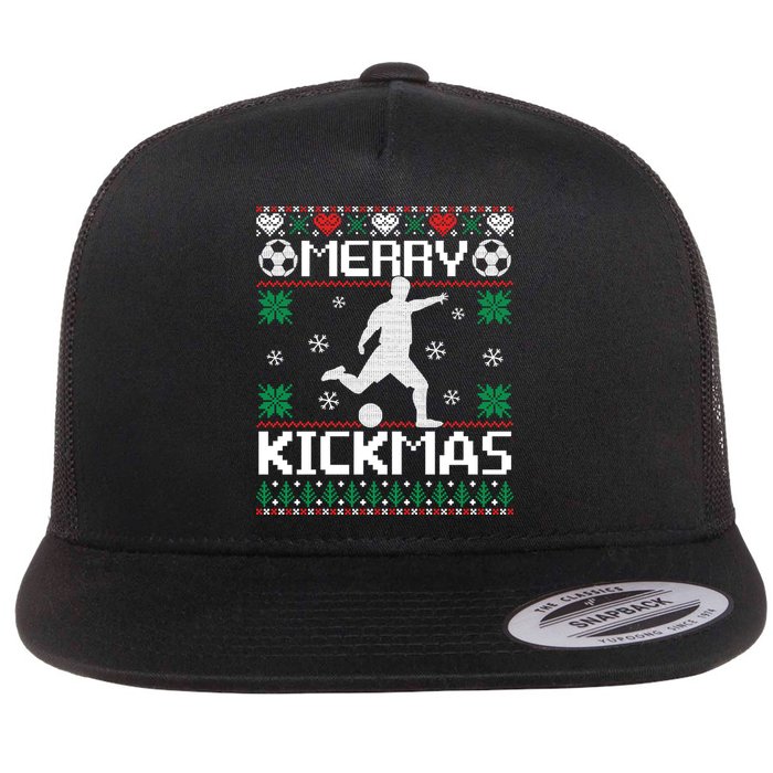 Merry Kickmas Soccer Player Sports Ugly Christmas Sweater Flat Bill Trucker Hat