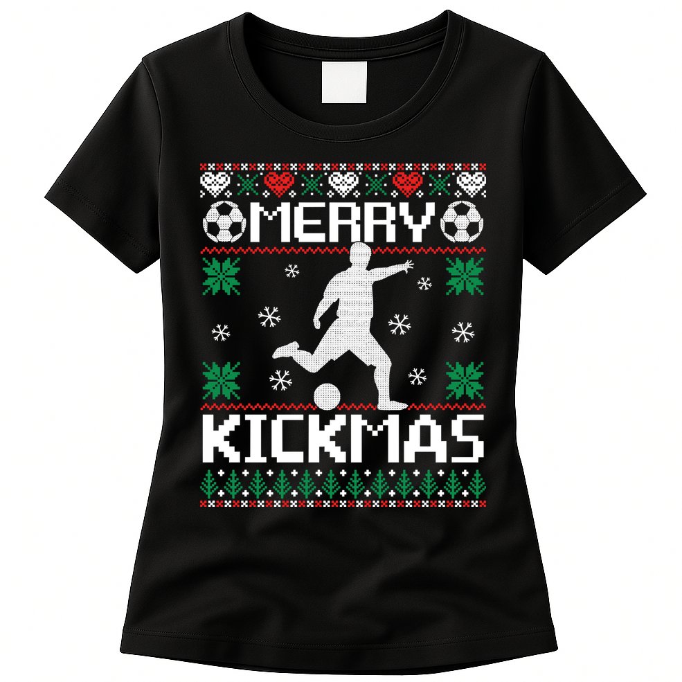 Merry Kickmas Soccer Player Sports Ugly Christmas Sweater Womens T-Shirt