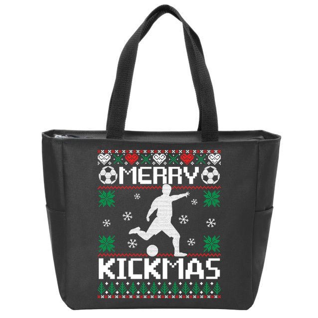 Merry Kickmas Soccer Player Sports Ugly Christmas Sweater Zip Tote Bag