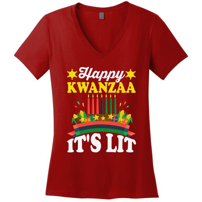 Happy Kwanzaa It's Lit African American Women's V-Neck T-Shirt