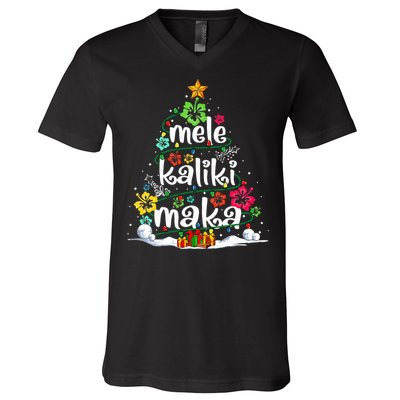 Mele Kalikimaka Tropical Christmas Hawaiian Santa Xmas Tree  V-Neck T-Shirt