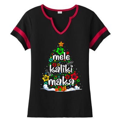 Mele Kalikimaka Tropical Christmas Hawaiian Santa Xmas Tree Ladies Halftime Notch Neck Tee