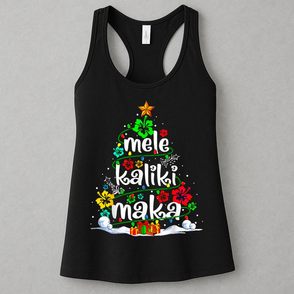 Mele Kalikimaka Tropical Christmas Hawaiian Santa Xmas Tree Womens Tank Top