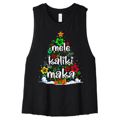 Mele Kalikimaka Tropical Christmas Hawaiian Santa Xmas Tree Women's Racerback Cropped Tank