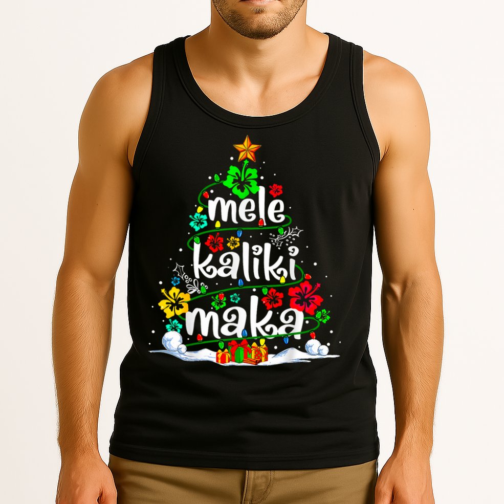 Mele Kalikimaka Tropical Christmas Hawaiian Santa Xmas Tree Tank Top