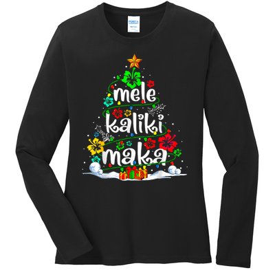 Mele Kalikimaka Tropical Christmas Hawaiian Santa Xmas Tree Ladies Long Sleeve Shirt