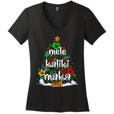 Mele Kalikimaka Tropical Christmas Hawaiian Santa Xmas Tree Women's V-Neck T-Shirt