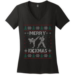 Merry Kickmas Taekwondo Christmas Ugly Sweater Xmas Funny Women's V-Neck T-Shirt