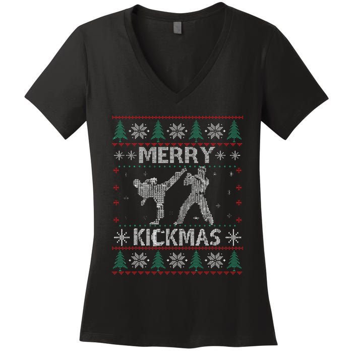 Merry Kickmas Taekwondo Christmas Ugly Sweater Xmas Funny Women's V-Neck T-Shirt