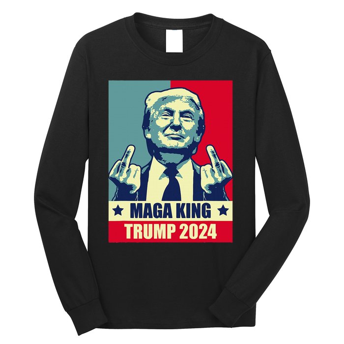 Maga King Trump 2024 Usa Trump Flipping Off American Flag Long Sleeve Shirt