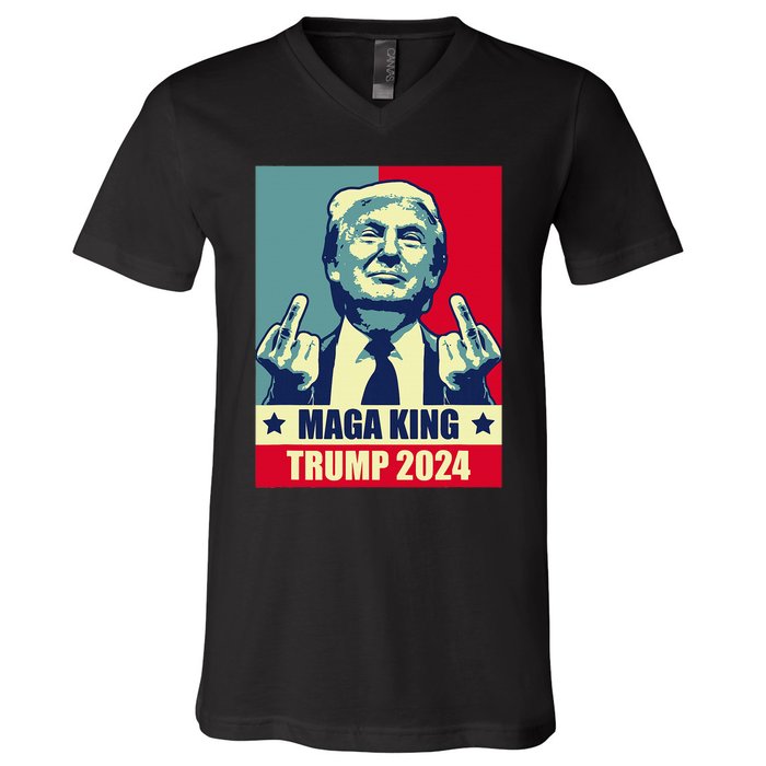 Maga King Trump 2024 Usa Trump Flipping Off American Flag V-Neck T-Shirt