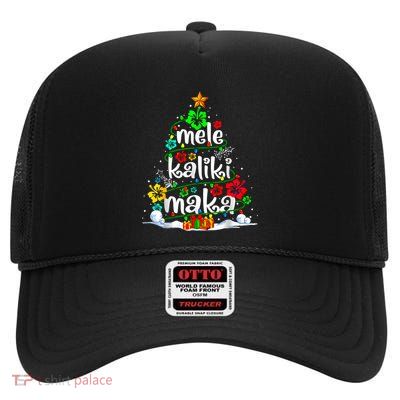 Mele Kalikimaka Tropical Christmas Hawaiian Santa Xmas Tree High Crown Mesh Back Trucker Hat