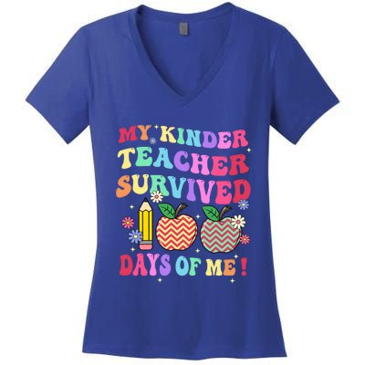 My Kindergarten Teacher Survived 100 Days Of Me Fun School Funny Gift Women's V-Neck T-Shirt