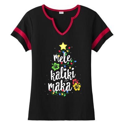 Mele Kalikimaka Tropical Christmas Hawaiian Santa Xmas Tree Ladies Halftime Notch Neck Tee