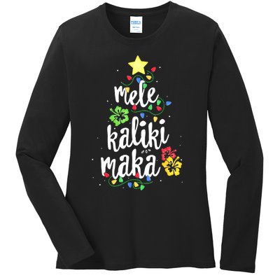 Mele Kalikimaka Tropical Christmas Hawaiian Santa Xmas Tree Ladies Long Sleeve Shirt