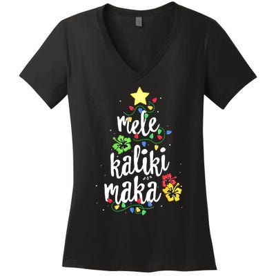 Mele Kalikimaka Tropical Christmas Hawaiian Santa Xmas Tree Women's V-Neck T-Shirt