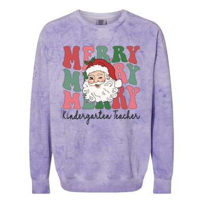 Merry Kindergarten Teacher Retro Groovy Santa Face Christmas Funny Gift Colorblast Crewneck Sweatshirt