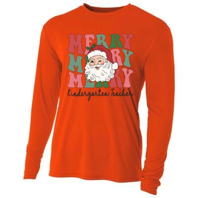 Merry Kindergarten Teacher Retro Groovy Santa Face Christmas Funny Gift Cooling Performance Long Sleeve Crew