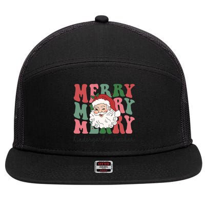 Merry Kindergarten Teacher Retro Groovy Santa Face Christmas Funny Gift 7 Panel Mesh Trucker Snapback Hat