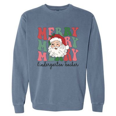 Merry Kindergarten Teacher Retro Groovy Santa Face Christmas Funny Gift Garment-Dyed Sweatshirt