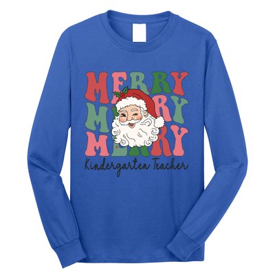 Merry Kindergarten Teacher Retro Groovy Santa Face Christmas Funny Gift Long Sleeve Shirt