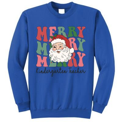 Merry Kindergarten Teacher Retro Groovy Santa Face Christmas Funny Gift Sweatshirt