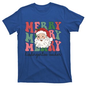 Merry Kindergarten Teacher Retro Groovy Santa Face Christmas Funny Gift T-Shirt