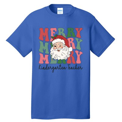 Merry Kindergarten Teacher Retro Groovy Santa Face Christmas Funny Gift Tall T-Shirt