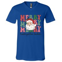 Merry Kindergarten Teacher Retro Groovy Santa Face Christmas Funny Gift V-Neck T-Shirt