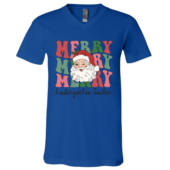 Merry Kindergarten Teacher Retro Groovy Santa Face Christmas Funny Gift V-Neck T-Shirt