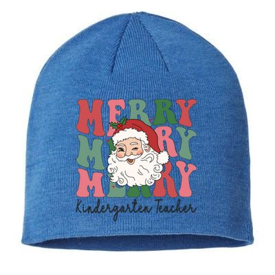 Merry Kindergarten Teacher Retro Groovy Santa Face Christmas Funny Gift Sustainable Beanie