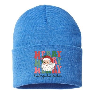 Merry Kindergarten Teacher Retro Groovy Santa Face Christmas Funny Gift Sustainable Knit Beanie