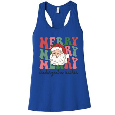 Merry Kindergarten Teacher Retro Groovy Santa Face Christmas Funny Gift Women's Racerback Tank