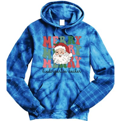 Merry Kindergarten Teacher Retro Groovy Santa Face Christmas Funny Gift Tie Dye Hoodie