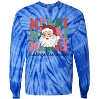 Merry Kindergarten Teacher Retro Groovy Santa Face Christmas Funny Gift Tie-Dye Long Sleeve Shirt