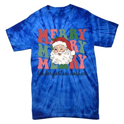 Merry Kindergarten Teacher Retro Groovy Santa Face Christmas Funny Gift Tie-Dye T-Shirt