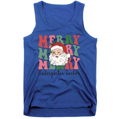 Merry Kindergarten Teacher Retro Groovy Santa Face Christmas Funny Gift Tank Top