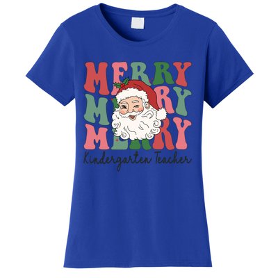 Merry Kindergarten Teacher Retro Groovy Santa Face Christmas Funny Gift Women's T-Shirt