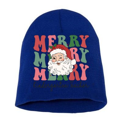 Merry Kindergarten Teacher Retro Groovy Santa Face Christmas Funny Gift Short Acrylic Beanie