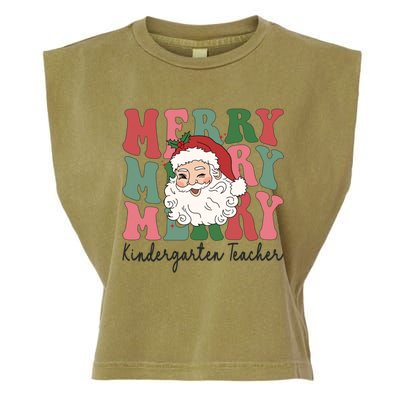 Merry Kindergarten Teacher Retro Groovy Santa Face Christmas Funny Gift Garment-Dyed Women's Muscle Tee