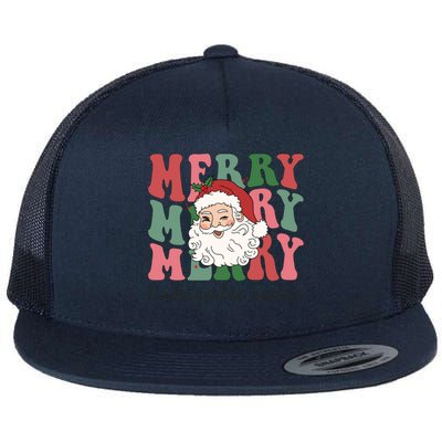 Merry Kindergarten Teacher Retro Groovy Santa Face Christmas Funny Gift Flat Bill Trucker Hat