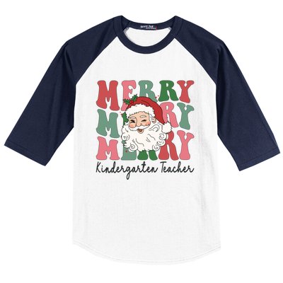 Merry Kindergarten Teacher Retro Groovy Santa Face Christmas Funny Gift Baseball Sleeve Shirt