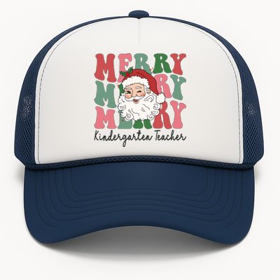 Merry Kindergarten Teacher Retro Groovy Santa Face Christmas Funny Gift Trucker Hat