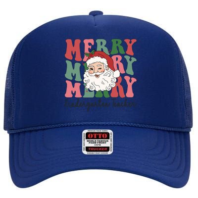 Merry Kindergarten Teacher Retro Groovy Santa Face Christmas Funny Gift High Crown Mesh Back Trucker Hat